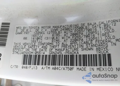 2013 Toyota Tacoma Base V6 z USA, uszkodzony, nr VIN 3TMLU4ENXDM105614